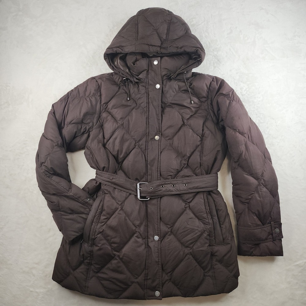 Lands End Down Puffer Parka Jacket Womens Large Chocolate Brown Quilted Hooded